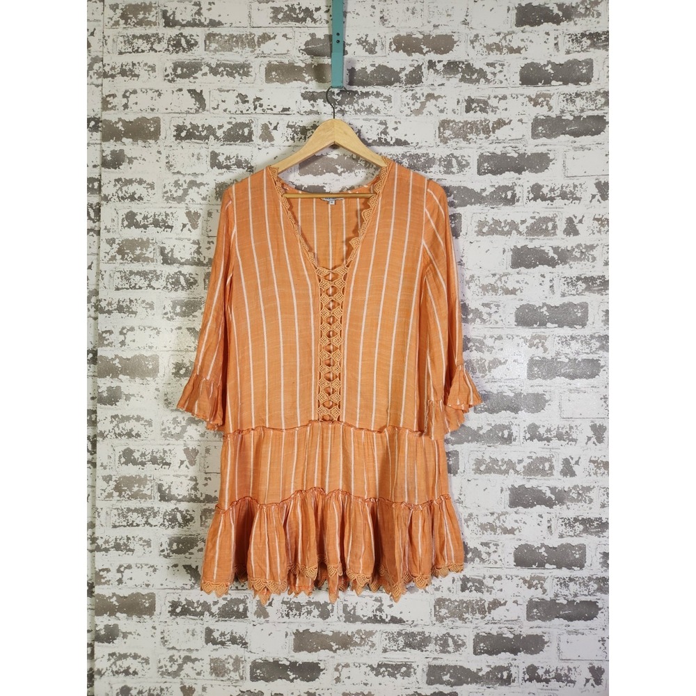 Boho Tiered Beach Cover Up Dress Small Orange‎ White Stripes Crochet Trim Resort